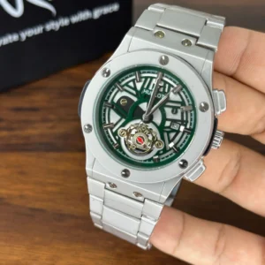 Luxury Hublot-inspired skeleton dial automatic watch for men with silver stainless steel strap and green open-heart dial