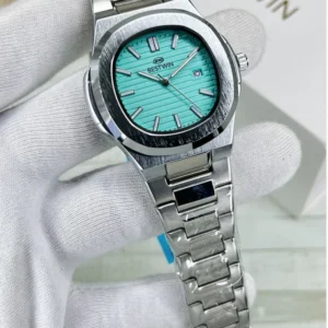 Bestwin luxury men’s stainless steel wristwatch with turquoise blue dial and date display