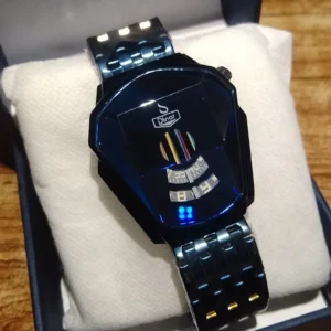 Dinar LED digital watch with blue color, stylish design, and multi-colored LED display, perfect for men and women.
