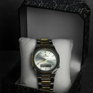 Elegance two-tone quartz watch with a silver and gold bracelet, featuring a digital display and alarm function for men.