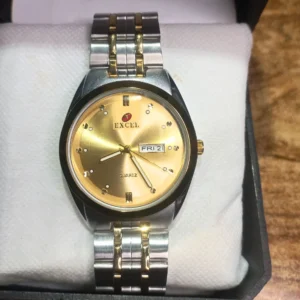 Excel gold and silver quartz watch with a sleek design and day-date function, perfect for men and women.