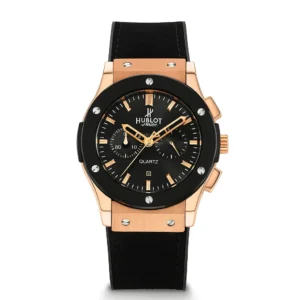 Hublot black and rose gold quartz watch with black dial, automatic movement, and black rubber strap for men.