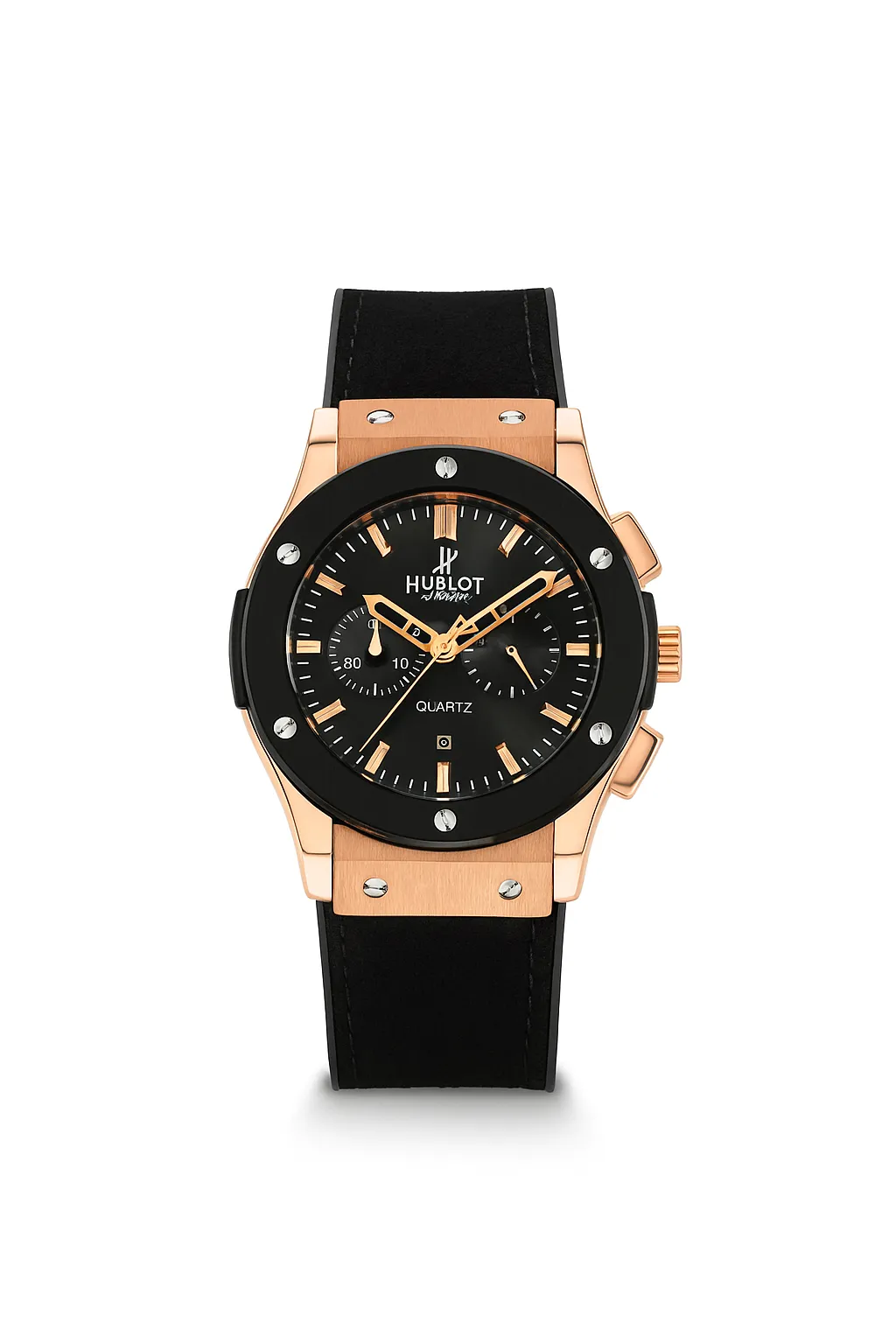 Hublot black and rose gold quartz watch with black dial, automatic movement, and black rubber strap for men.
