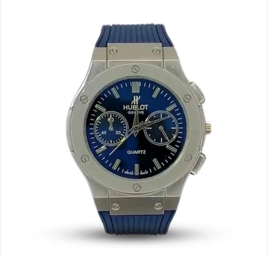 Hublot Chronograph Blue Dial Luxury Watch with stainless steel case and leather strap, sporty and elegant design for men.