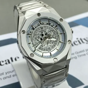 Hublot white chronograph watch with ceramic and stainless steel band, luxury sporty timepiece for men.