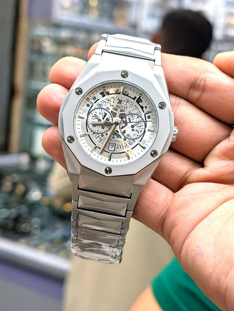 Hublot white chronograph watch with ceramic and stainless steel band, luxury sporty timepiece for men.