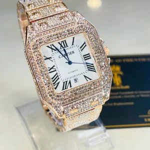 Luxury Cartier iced out diamond watch in rose gold with Roman numeral dial
