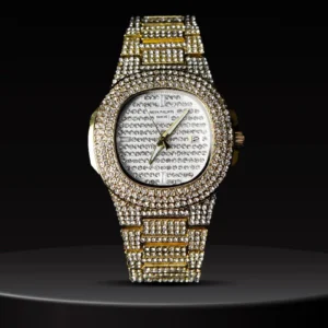Iced-out Patek Philippe luxury diamond watch for men and women with gold and silver accents, premium quality, and stylish design.