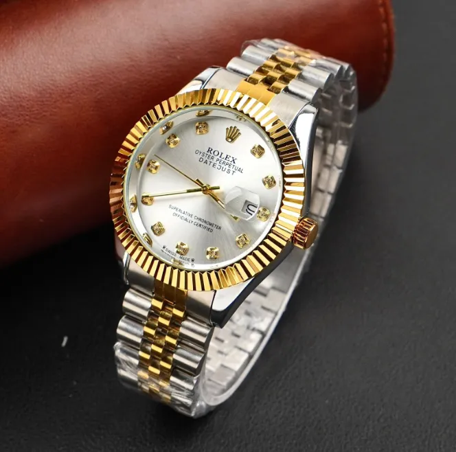 Rolex Datejust 36mm two-tone gold and stainless steel watch with a white dial and diamond hour markers, luxury timepiece for men.