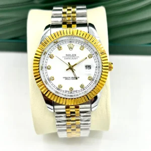 Rolex Datejust 36mm two-tone gold and stainless steel watch with a white dial and diamond hour markers, luxury timepiece for men.